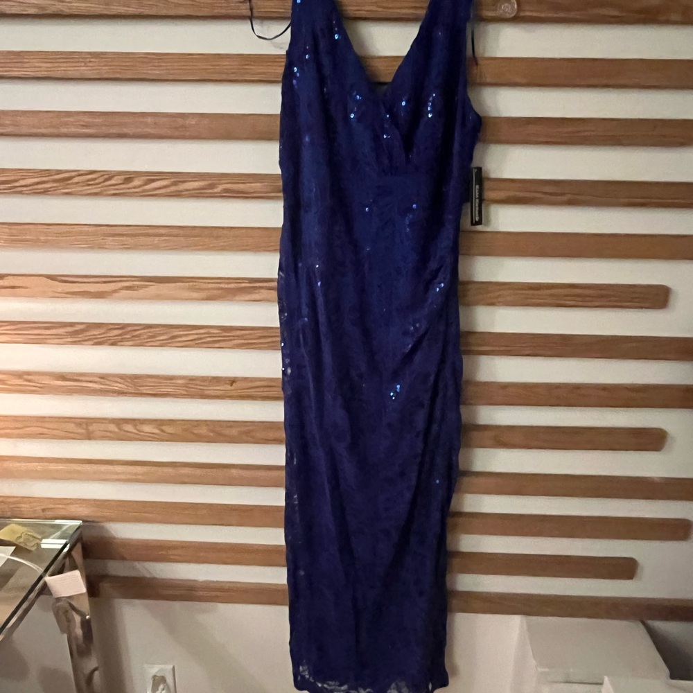R & M Richards Blue Sequin Maxi Dress V-Neck Sleeveless